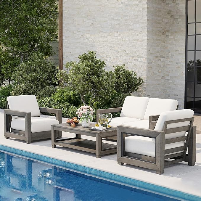 HAPPATIO Oversized Aluminum Patio Furniture Set, Outdoor Conversation Set 4 Pieces with Loveseat and Coffee Table, Extra Large Seat with Thicken Cushion for Backyard Poolside, Grey