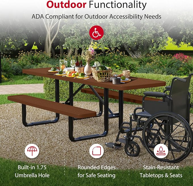 Leisure Craft Metal Picnic Table with Bench - 8 ft Rectangle Outdoor Dining Table with Umbrella Hole, Heavy Duty Thermoplastic Coating, ADA Compliant, Commercial Grade Furniture Made in USA - Brown
