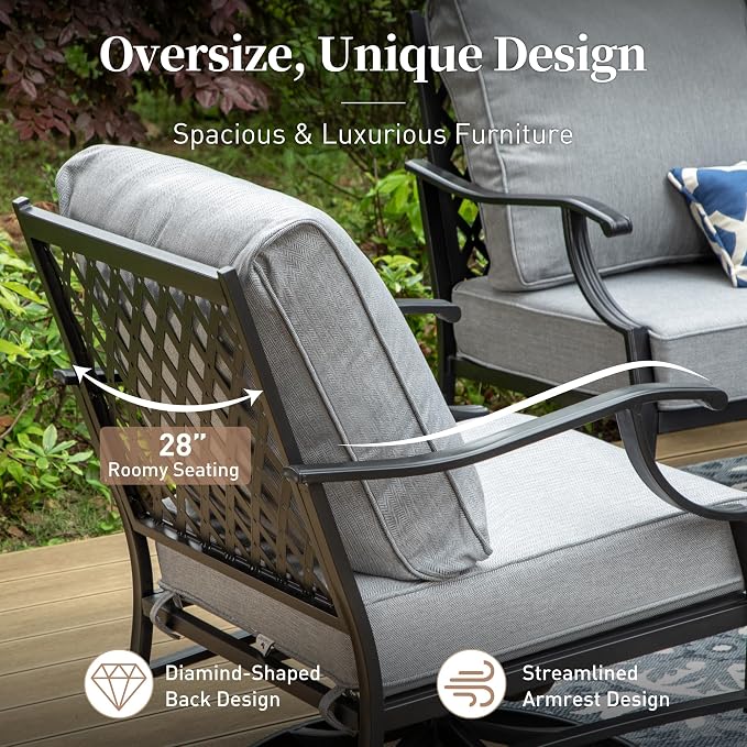 SUNSHINE VALLEY 6 Piece Metal Outdoor Patio Furniture Set, Patio Conversation Set 1 3-Seater Sofa, 2 Rocking Chair, 2 Leg Chair with 5.75" Thick Cushion and Coffee Table, Backyard Furniture Set, Gray