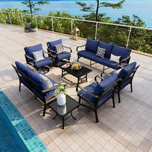8 Pieces Patio Conversation Sets, All Weather Metal Outdoor Furniture Set with Swivel Rocking Chairs Set, Outdoor Furniture Set with Sectional Sofa Couch Loveseat (Blue Cushions)