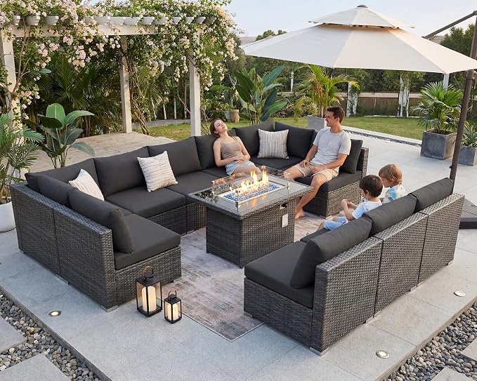 BULEXYARD 11 Piece High Back Patio Furniture Set with Fire Pit Table, Luxury Comfy Deep Wide Seat Outdoor Sectional Sofa, All-Weather Wicker Modular Conversation Couch 10-Seats for Backyard, Dark Grey