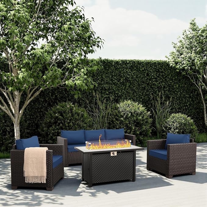 Rattan Star 4 Piece Patio Furniture Set 45 Inches Fire Pit Table Outdoor Furniture Sets Patio Couch Outdoor Chairs 50000 BTU Propane Fire Pit with No-Slip Cushions and Waterproof Covers, Navy Blue