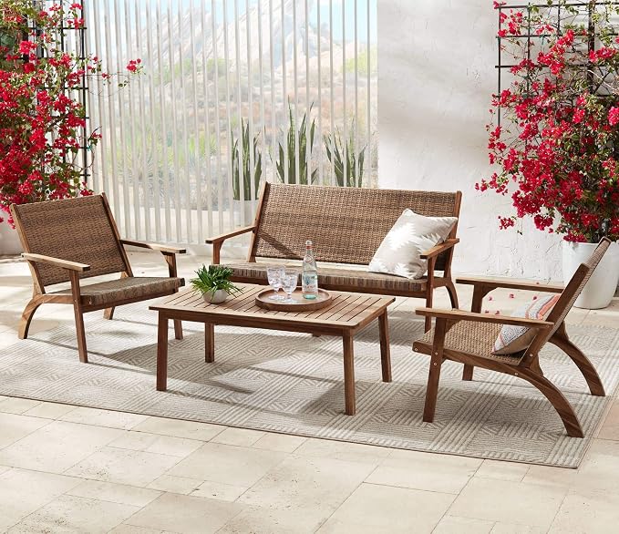 Teal Island Designs Perry Farmhouse Rustic Acacia Wood Rectangular Outdoor Coffee Table 43 1/4" x 22 3/4" Brown Slat Tabletop for Cottage Core Spaces Patio House Balcony