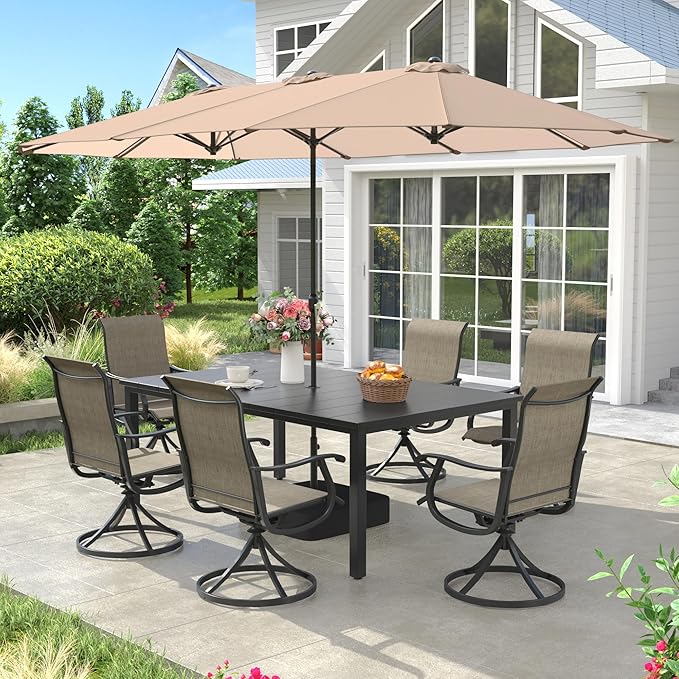VICLLAX Patio Table and Chairs with Patio Umbrella, 6 Patio Swivel Chairs and Metal Patio Table with 15ft Wheat Outdoor Umbrella for Backyard, Mixed Brown Chairs & Black Tabletop