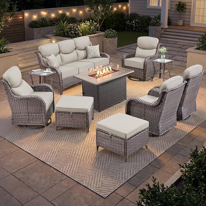 Luxury Patio Furniture Set 10pcs with 6-inch Thick Cushion, Outdoor Furniture with Fire Pit Table, Swivel Chairs, Sofa, Side Table, Ottomans, Patio Set for Deck Yard Brown Wicker | Beige Cushions