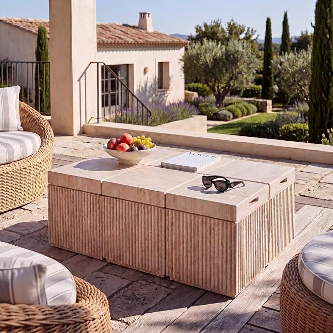 Christopher Knight Home Livia 20.28" Tall Outdoor Square Accent Side Tables Set of 6, Patio Decorative End Tables with Fluted Design, MGO Garden Stool for Patio Balcony & Garden Decor, Travertine