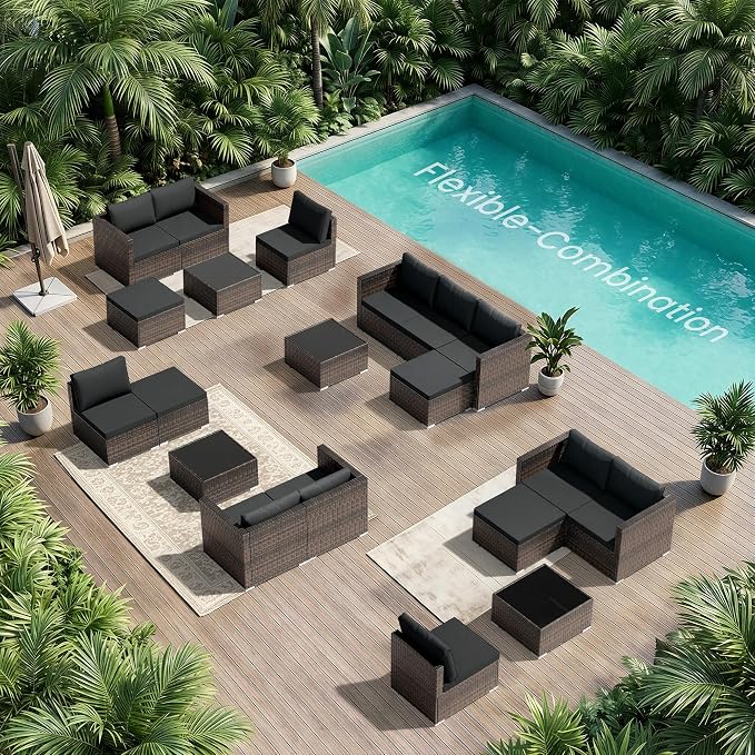Patio Furniture Set - All-Weather -5 Piece Outdoor Patio Conversation Couch Sets, Modular Wicker Rattan Sectional Sofa for Garden, Patio, Poolside, Backyard, Balcony, Porch,Medium Gray