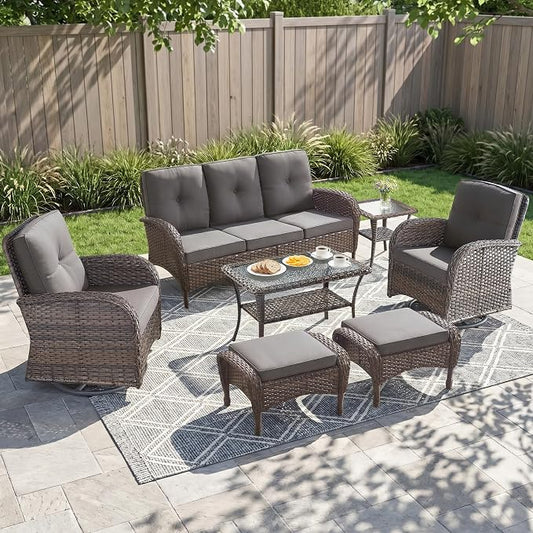 7 Piece Patio Furniture Set - Wicker Patio Conversation Set with Swivel Glider, 3 Seat Sofa, 2 Ottomans, Glass Side Table and Coffee Table for Deck Backyard - Brown Wicker Grey Cushion