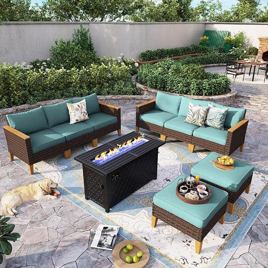 Sophia & William Patio Furniture Set with Fire Pit Table, 9 Piece Outdoor Wicker Furniture Sectional Sofa, Large Patio Rattan Conversation Set with Ottoman & 45" Fire Pit Table(Aqua Blue)