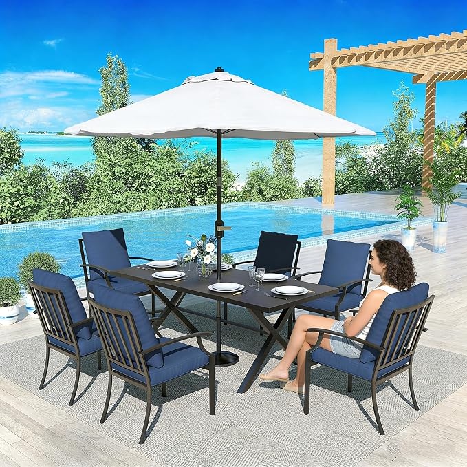 Gotland 7 Piece Outdoor Dining Set, Metal Outdoor Table and Chairs with X-Shaped Legs 1.5" Umbrella Hole, Patio Furniture Set with Waterproof Cushions, Patio Dining Sets for Backyard Deck Navy