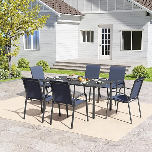 Outdoor Dining Set for 6, Patio Dining Set with Textilene Dining Chairs, Metal Dining Table with Umbrella Hole, Stackable Outdoor Chairs for Garden, Patio, Poolside and Backyard, Navy Blue