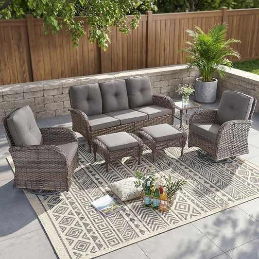 6 Piece Patio Furniture Set - Wicker Patio Conversation Set with Swivel Glider, 3-Seater Sofa, Tempered Glass Side Table and 2 Ottomans for Deck Backyard - Brown Wicker Grey Cushion