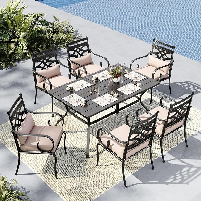 MFSTUDIO Patio Dining Set, 60" Metal Table, Fixed Chairs, Umbrella Hole | Seats 6, All-Weather Use