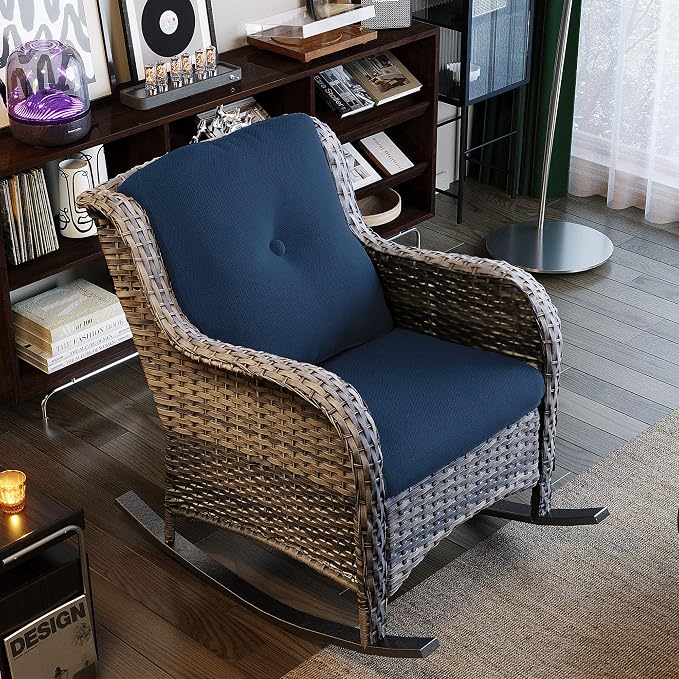 Outdoor Wicker Patio Rocking Chair - All-Weather Lawn Rocking Wicker Furniture with Alloy Steel Frame & Olefin Fabric Cushion, Blue