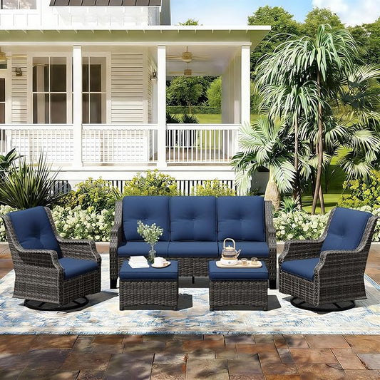 Outdoor Patio Furniture Set, 5 Piece Wicker Patio Furniture with Thick Cushions, Curved Armrest, Deep Seating, Outdoor Swivel Rocker Chairs for Porch, Deck, Balcony