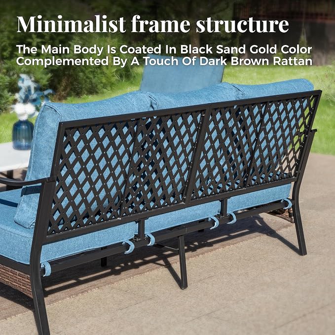 MIXPATIO Patio Furniture Set with Firepit Table, Black Frame Outdoor Conversation Set with 2 x Rocking Chairs, 1 x 3-Seat Sofa for Lawn Garden Backyard, Navy Blue