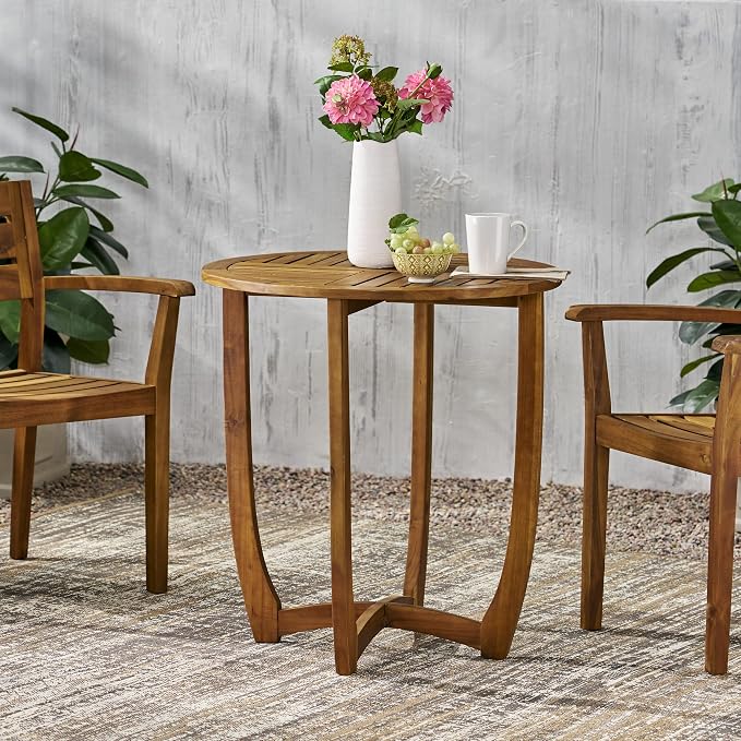 27.5" Round Acacia Wood Outdoor Side Table | Weather Resistant Teak Finish Patio Accent End Table, Small Coffee Table for Backyard Porch Lawn Garden
