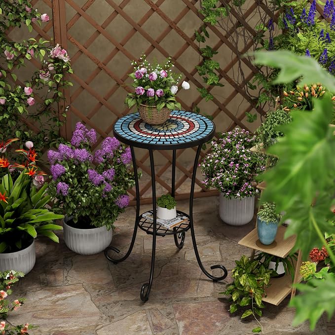 Christopher Knight Home Glady Outdoor Round Side Table, Patio End Table with Ceramic Top and Metal Frame, Small Decorative Accent Table for Patio Garden Porch Balcony, Mosaic