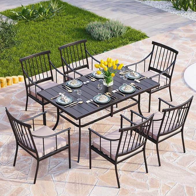 PHI VILLA 7 Piece Patio Dining Set, Rectangular Metal Table | Metal chairs, Fixed Chair, Umbrella Hole, adjustable, Cushions, powder-coated, 300 lb chair capacity