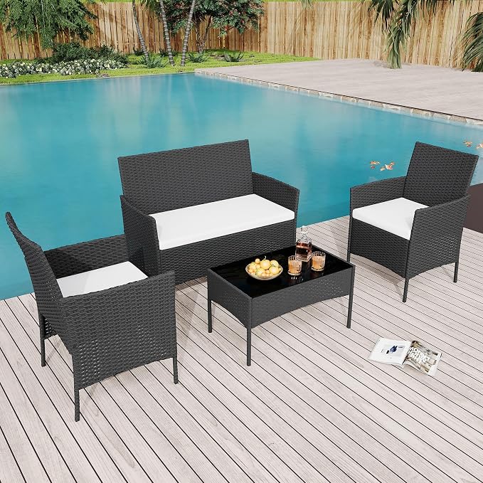4-Piece Outdoor Patio Furniture Set, Wicker Furniture with Coffee Table, Modern Porch Chairs Conversation Set, Weather-Resistant, Outdoor Indoor Use Backyard Porch Garden Poolside Balcony, Black&Beige