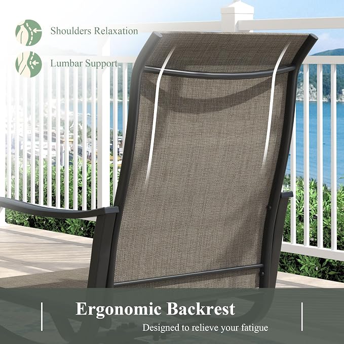 Outdoor Dining Set for 4, 37.8" Metal Outdoor Dining Table with Umbrella Hole and Sling Patio Swivel Chairs, 5 Pieces Patio Table and Chairs Set for Garden Backyard, Mixed Brown and Black