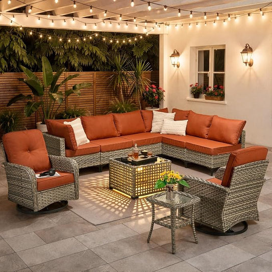 10 Pieces Patio Furniture Set, Outdoor Conversation Set with 360° Swivel Rocker Chairs, Wicker Modular Sectional Sofa & Solar Coffee Table, High Back Outdoor Furniture L Shaped Couch for Porch, Orange