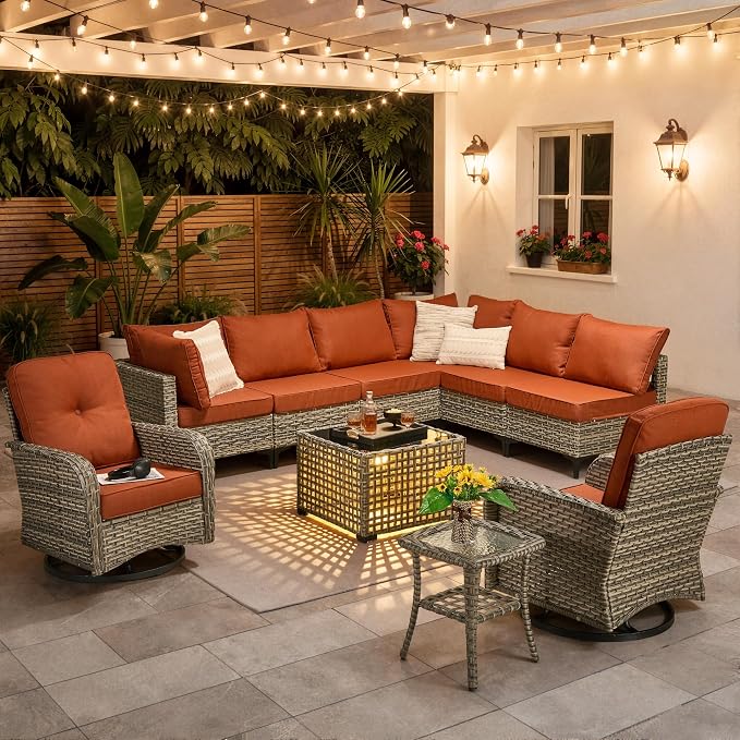 10 Pieces Patio Furniture Set, Outdoor Conversation Set with 360° Swivel Rocker Chairs, Wicker Modular Sectional Sofa & Solar Coffee Table, High Back Outdoor Furniture L Shaped Couch for Porch, Red
