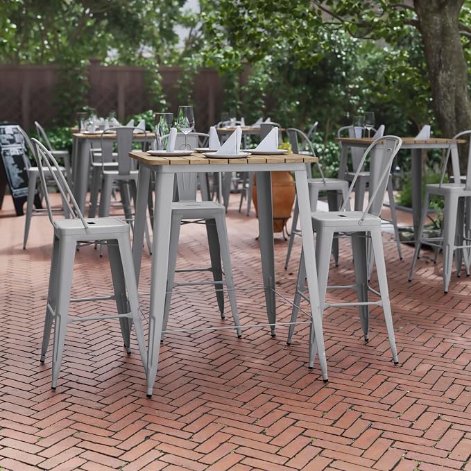 BizChair Commercial Outdoor Dining Table Bar Height, All Weather Poly Resin Top with Steel Base, 31.5" Square, Brown/Silver