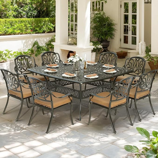 9-Piece Patio Cast Aluminum Dining Set, Outdoor Dining Furniture Set for 8 Person, Includes 64" Square Table and 8 Cushioned Chairs with Umbrella Hole for Patio Deck Garden, Tan