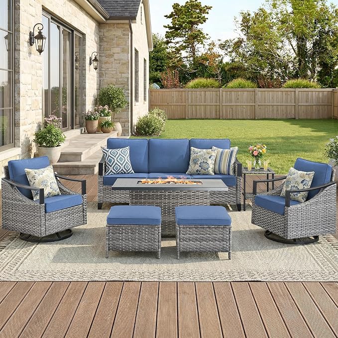Patio Furniture Set with 42.5" Fire Pit Table-7 Pieces All Weather Wicker Outdoor Furniture with High Back Swivel Patio Chairs Set of 2 Outdoor Patio Conversation for Deck Garden Blue/Gray