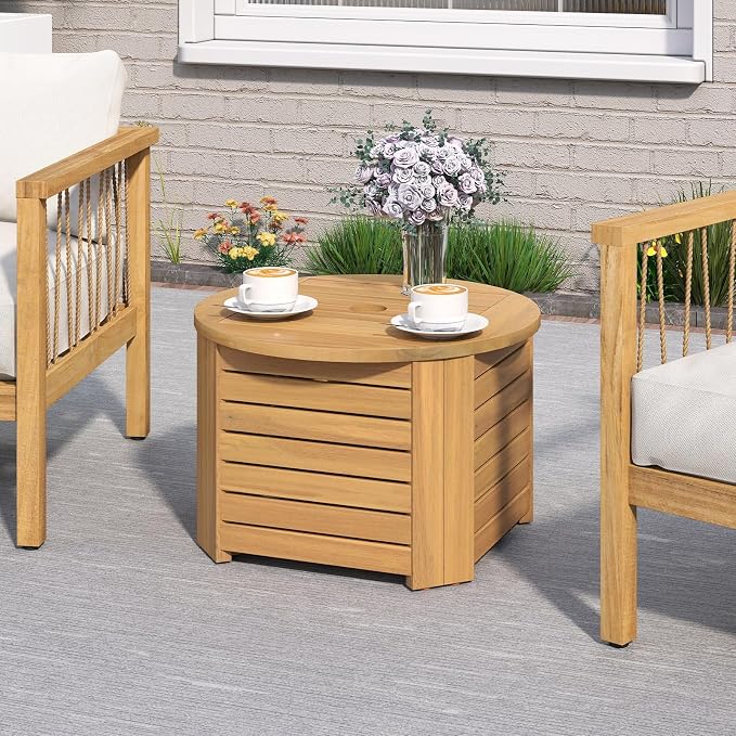 HAPPYGRILL Acacia Wood Outdoor Side Table with Umbrella Hole, Patio End Table with Storage, Removable Base, for Backyard, Balcony, Poolside