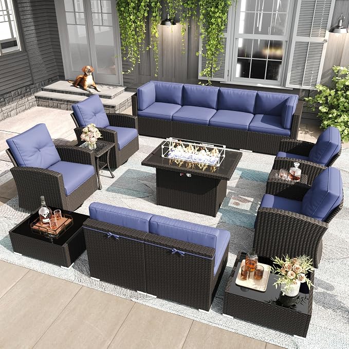 LayinSun 15 Pieces Patio Furniture Set with Fire Pit Table, Black Rattan Modular Sectional Outdoor Conversation Sofa Set, Swivel Rocking Chairs Set
