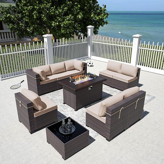 10 Pieces Outdoor Patio Furniture Set,Outdoor Sectional Furniture with 43" 55000 BTU Gas Propane Fire Pit Table,All Weather PE Rattan Wicker Patio Conversation Set,Sand