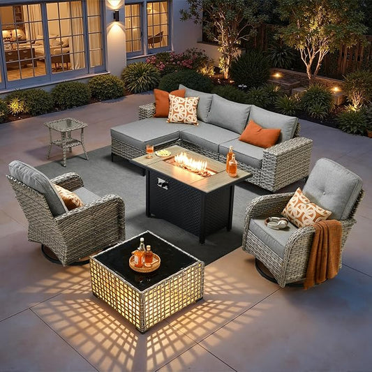 HOOOWOOO 9 Pieces Patio Furniture Set,L Shaped Outdoor Sectional Couch with Fire Pit Table, Pe Wicker All Weather Outside Conversation Sofa Swivel Chiars Solar Table Ottoman Set,Charcoal Gray