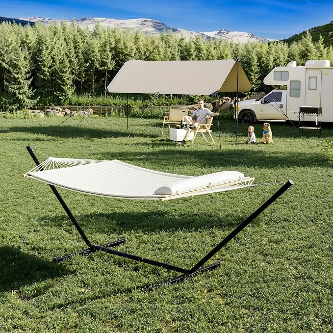 Adventure-Ready Double Hammock with Stand – 2 Person Heavys Duty 475 Lbs Capacity, Breathable Cotton Rope & Quilted Pad for Camping, Backyard, or Indoors (Beige)