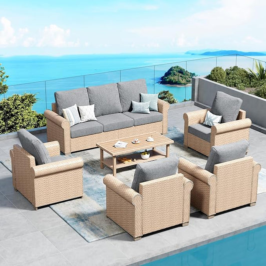 Patio Furniture Set 6 pcs, Wicker Rattan Outdoor Furniture with 5.5” Thick Cushions, 3-Seat Sofa, 4 Chairs and Coffee Table, Outdoor Conversation Set for Garden Backyard Deck, 7 Seats Grey