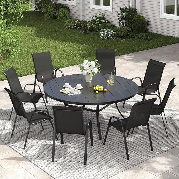 VICLLAX Outdoor Dining Set for 8, All Weather Metal 9 Pieces Patio Set-53 Round Outdoor Table and Stackable Chairs for Lawn Garden and Backyard, Black Tabletop