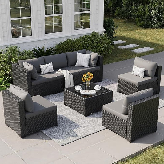 Patio Furniture Set, 7-Piece Outdoor Sectional All-Weather Wicker Patio Conversation Set for Backyard, Garden, Grey