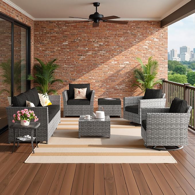 CAODOC Fully Assembled & Spacious 9-Pc Outdoor Sofa Set, Patio Rattan Conversation Group with Rocking Chair and Tea Table