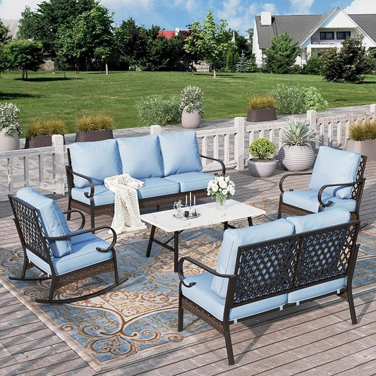 HERA'S HOUSE 5 Piece Metal Patio Furniture Set, 7 Seats All Weather Outdoor Conversation Set, 3 Seat Sofa with Loveseat, 2 Rocking Chairs, Coffee Table for Backyard, Garden, Deck, Blue