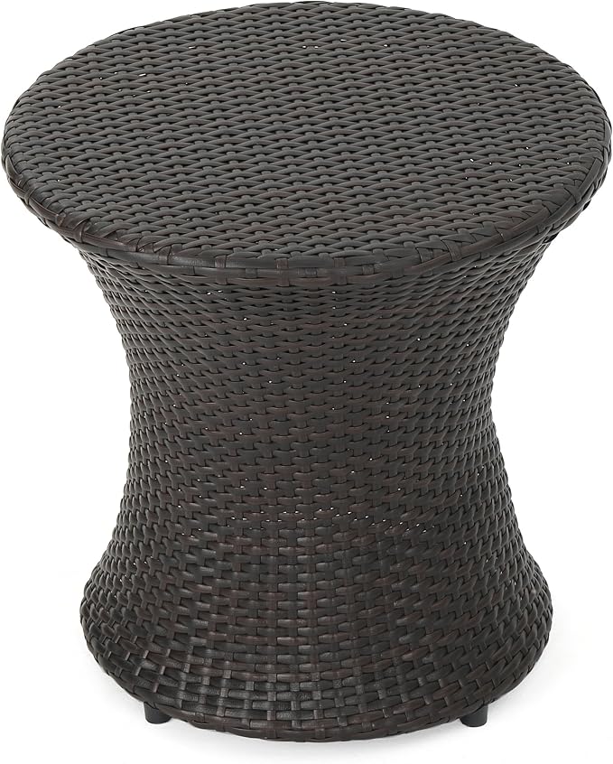 Outdoor Wicker Side Table, Lightweight & Water-Resistant All-Weather, Small Rattan End Table Hourglass Shape Wicker Patio Table, for Patio Porch Living Room, Brown