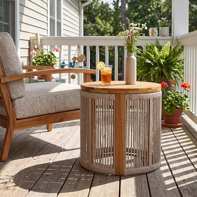 Teak Finish Acacia Wood Round Side Table with Multi Brown Color Rope, 25 lbs Weight Capacity, Weather-Resistant Accent Table for Patio Backyard Living Room