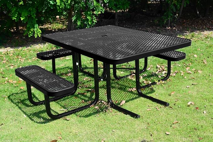 ADA Outdoor Picnic Table, Expanded Metal, Wheelchair Accessible (Black, 46 Square)
