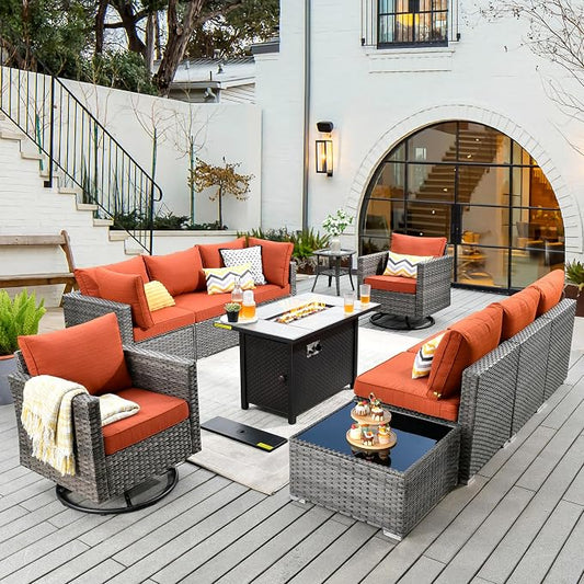 CAODOC 11 Piece Outdoor Patio Furniture Set with 42" Fire Pit Table, Wicker Sectional Conversation Set Whit Swivel Chairs,Modern Outside Sofa for Balcony Backyard(Red)