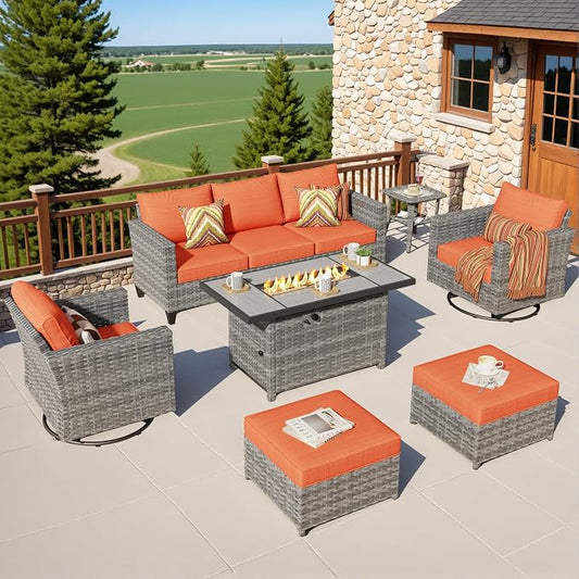ovios 7 Pieces Patio Furniture Set with Rectangular Fire Pit Table, Swivel Rocking Chairs, Outdoor High Back Wicker Rattan Conversation Set for Deck Porch, Orange Red
