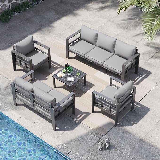 5 Piece Aluminum Patio Furniture Set, Thick Cushions, Aluminum Outdoor Sectional Conversation Set with Coffee Table for Porch, Backyard, Deck(Grey/Light Grey)