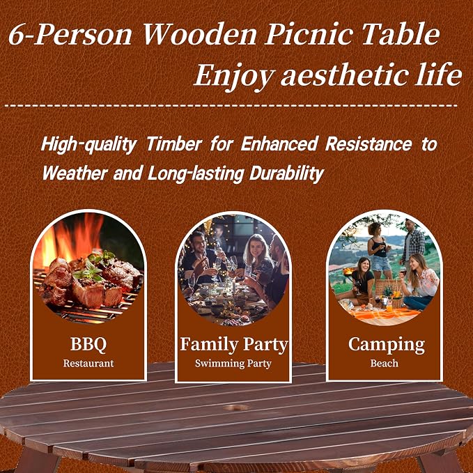 JOYBASE 6-Person Wooden Picnic Table, Outdoor Round Table with Built-in Benches and Umbrella Hole, Picnic Table Bench Set for Patio, Backyard, Garden (Brown)