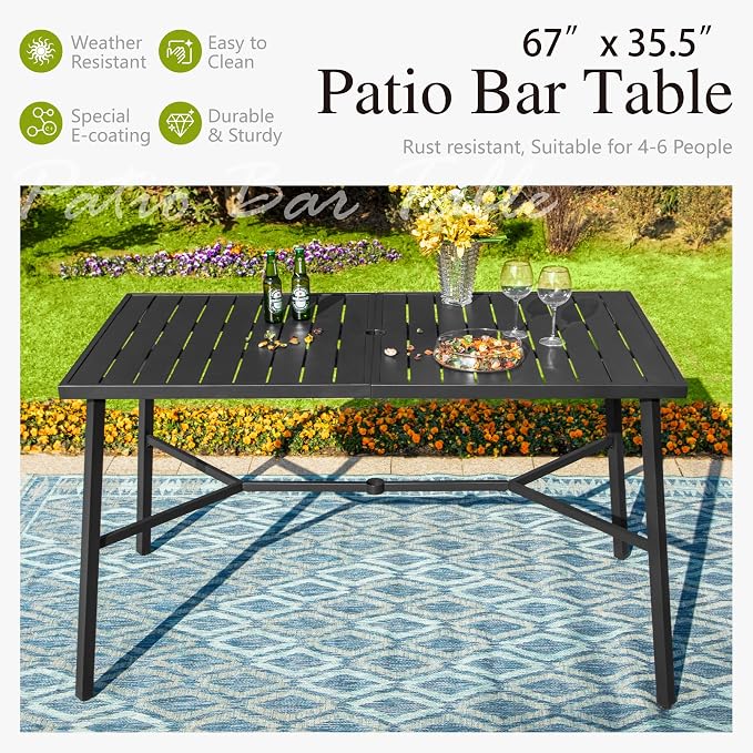 Sophia & William Outdoor Patio Bar Table Metal Bar Height Table Rectangular Dining Table with Umbrella Hole for Garden, Backyard, Lawn and Poolside, 66.9''W x 35.4''D x 39.8''H