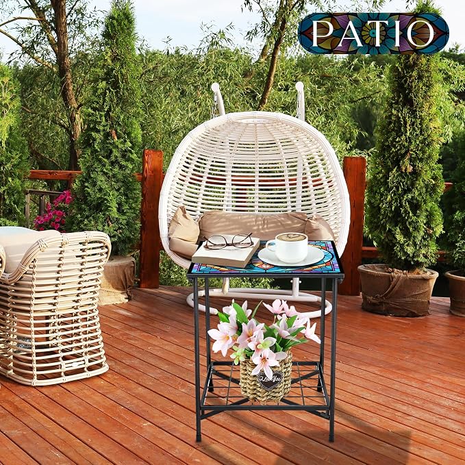 Cinnvoice Outdoor Side Table 2-Tier Storage Square Small Mosaic Patio Accent Indoor End Plant Coffee Tea Table for Yard Patio Porch Garden Living Room, Bedroom(Mandala Style)