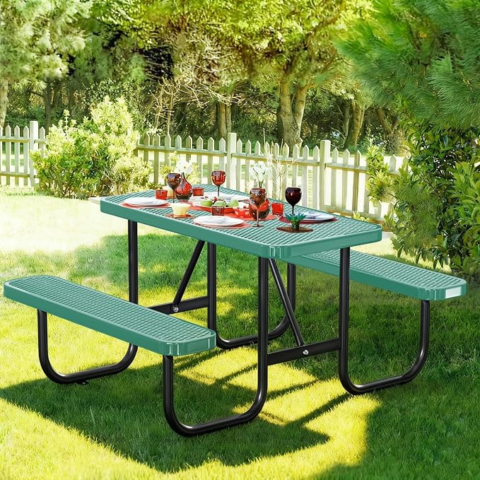4FT Rectangular Outdoor Picnic Table with Attached Benches, Heavy-Duty Expanded Metal Mesh Patio Table, Commercial-Grade Outdoor Seating for Park, Backyard, Deck, Lawn, Green